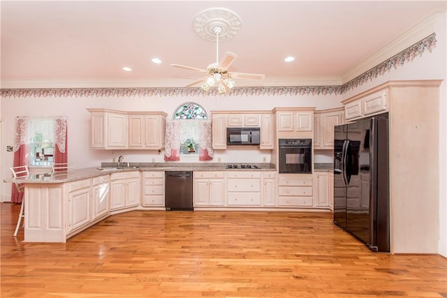15070 Bruhl Rd, Folsom, LA 70437 - kitchen featuring black appliances, crown molding, a peninsula, and light wood-type flooring