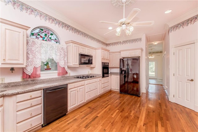 15070 Bruhl Rd, Folsom, LA 70437 - kitchen featuring light wood-type flooring, black appliances, ceiling fan, and ornamental molding