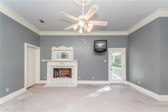15070 Bruhl Rd, Folsom, LA 70437 - unfurnished living room featuring visible vents, crown molding, baseboards, ceiling fan, and a fireplace