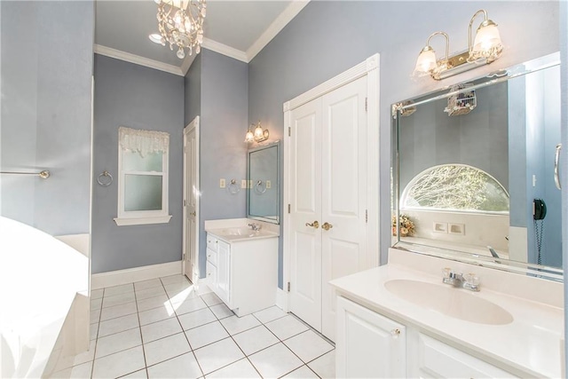 15070 Bruhl Rd, Folsom, LA 70437 - full bathroom featuring a sink, tile patterned flooring, crown molding, a notable chandelier, and a washtub