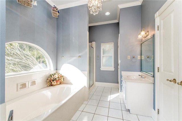 15070 Bruhl Rd, Folsom, LA 70437 - bathroom featuring a garden tub, ornamental molding, a stall shower, tile patterned floors, and vanity