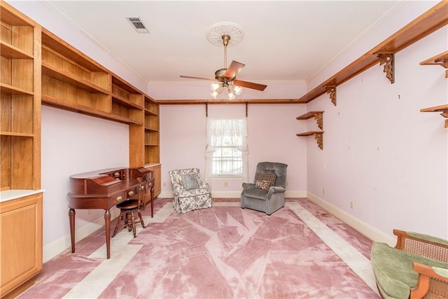 15070 Bruhl Rd, Folsom, LA 70437 - sitting room with ceiling fan, baseboards, visible vents, and ornamental molding
