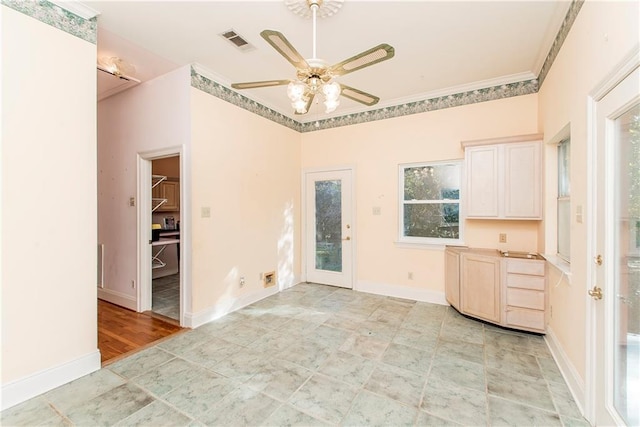 15070 Bruhl Rd, Folsom, LA 70437 - unfurnished dining area featuring baseboards, a ceiling fan, visible vents, and ornamental molding
