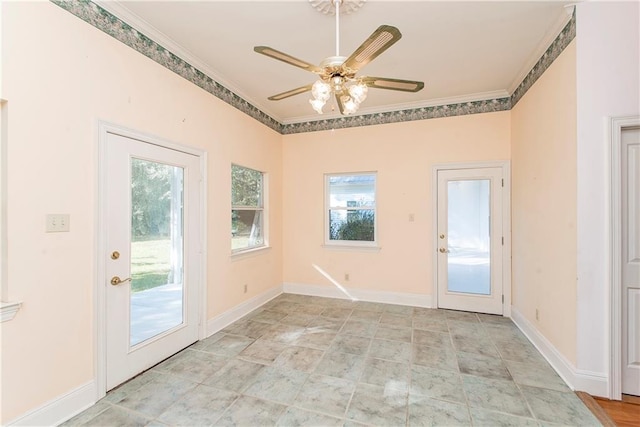 15070 Bruhl Rd, Folsom, LA 70437 - doorway with baseboards, ornamental molding, and a ceiling fan