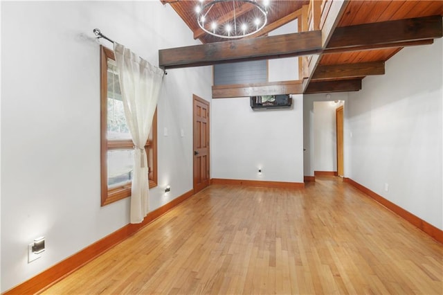 basement with light wood-type flooring, an inviting chandelier, and wooden ceiling