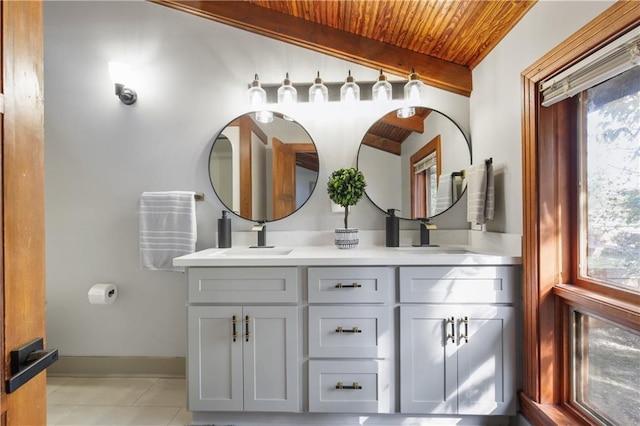 bathroom with vanity, lofted ceiling with beams, tile patterned flooring, and wood ceiling