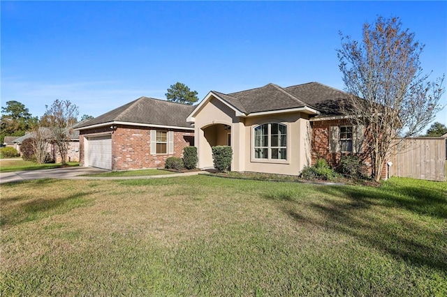 ranch-style home featuring a garage and a front lawn