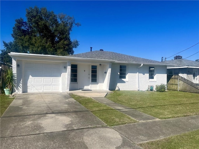 ranch-style home with a front lawn and a garage