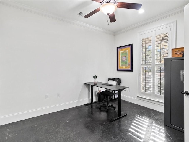 office space featuring crown molding and ceiling fan