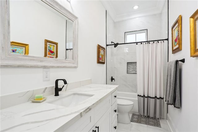 full bathroom with vanity, toilet, shower / bathtub combination with curtain, and crown molding