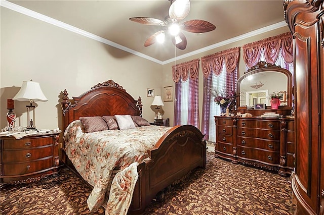 bedroom with ceiling fan and crown molding