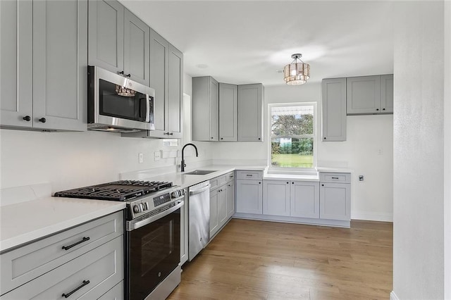 kitchen with sink, hanging light fixtures, light hardwood / wood-style floors, gray cabinets, and appliances with stainless steel finishes