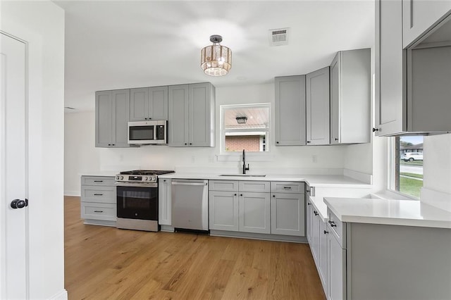 kitchen with light wood-type flooring, gray cabinetry, stainless steel appliances, sink, and hanging light fixtures