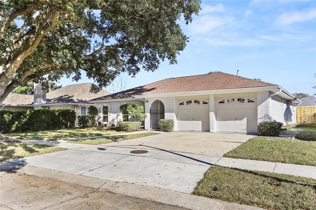 view of front of property featuring a front lawn and a garage