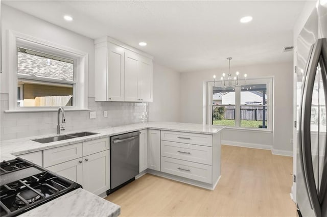 kitchen with sink, stainless steel appliances, kitchen peninsula, pendant lighting, and white cabinets