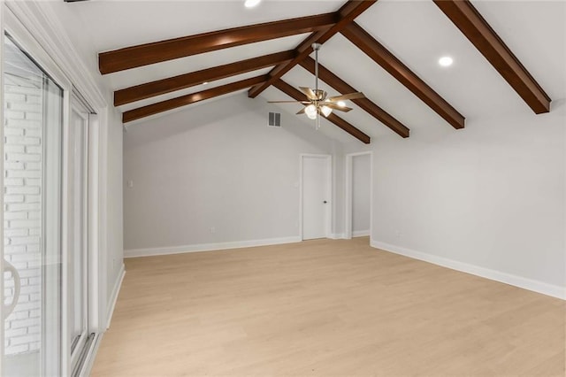 bonus room with lofted ceiling with beams, ceiling fan, and light wood-type flooring