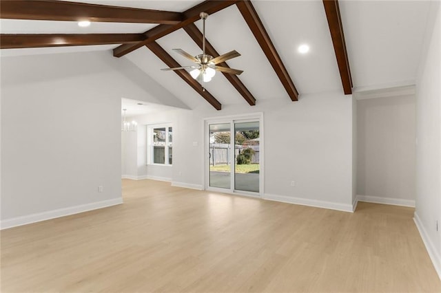 unfurnished living room with beamed ceiling, ceiling fan with notable chandelier, high vaulted ceiling, and light hardwood / wood-style flooring