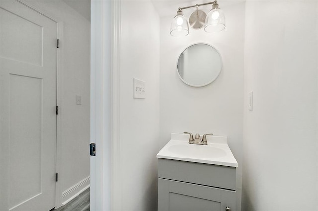 bathroom with vanity and wood-type flooring