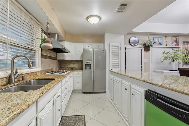 kitchen featuring white cabinetry, sink, stainless steel appliances, wall chimney range hood, and tasteful backsplash