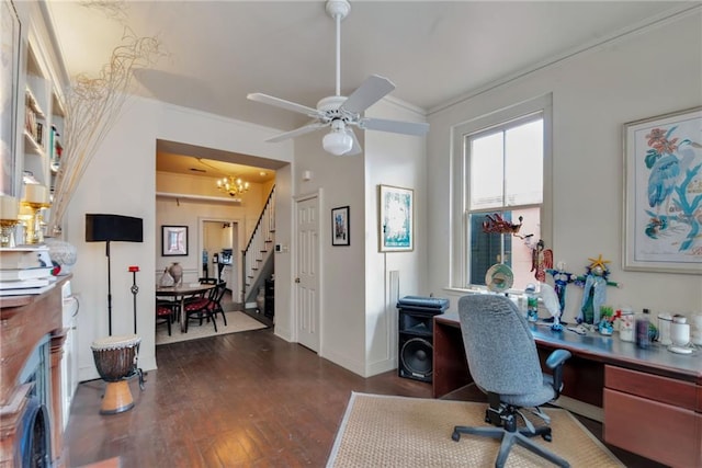 home office with ceiling fan with notable chandelier, dark hardwood / wood-style flooring, and crown molding