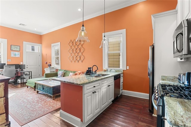 kitchen with white cabinetry, stainless steel appliances, dark wood-type flooring, hanging light fixtures, and sink