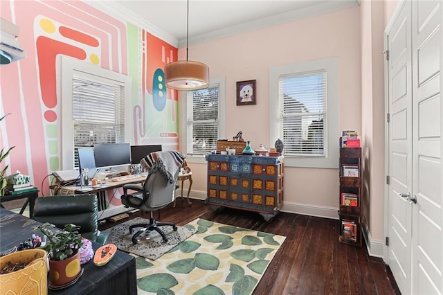 office space with dark hardwood / wood-style flooring, crown molding, and an AC wall unit