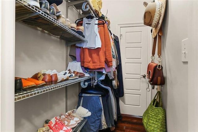 spacious closet with dark hardwood / wood-style flooring