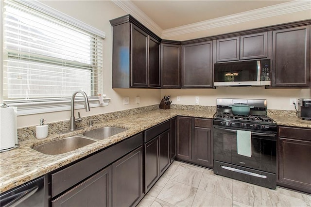 20291 Clemson Way, Ponchatoula, LA 70454 - kitchen featuring stainless steel microwave, gas stove, a sink, dark brown cabinetry, and crown molding