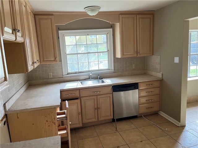 kitchen with tasteful backsplash, a wealth of natural light, and stainless steel dishwasher