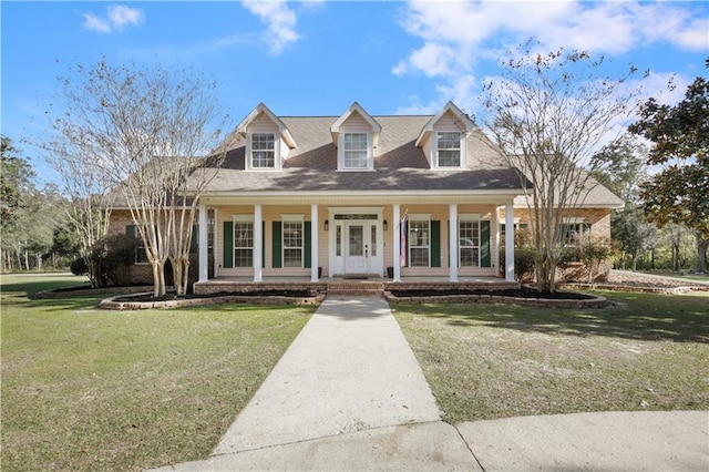 cape cod-style house featuring covered porch and a front yard