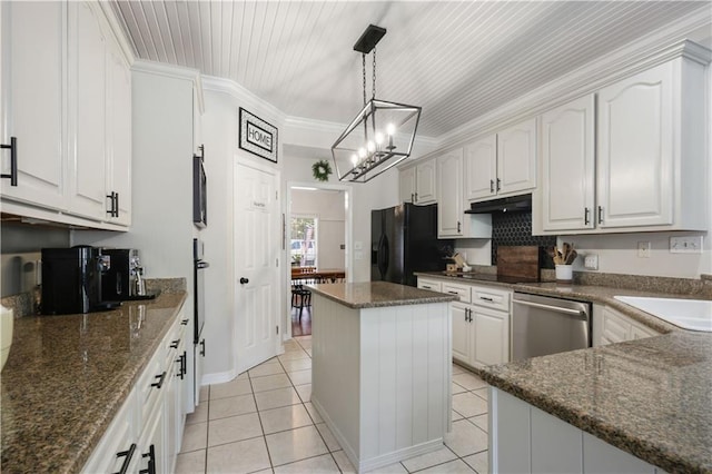 kitchen featuring white cabinetry, dishwasher, a center island, black fridge with ice dispenser, and ornamental molding