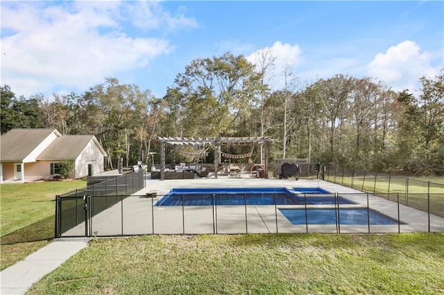 view of pool with a lawn, an outdoor hangout area, and a pergola