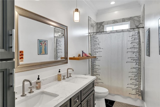 full bathroom with tile patterned flooring, crown molding, toilet, shower / tub combo with curtain, and vanity