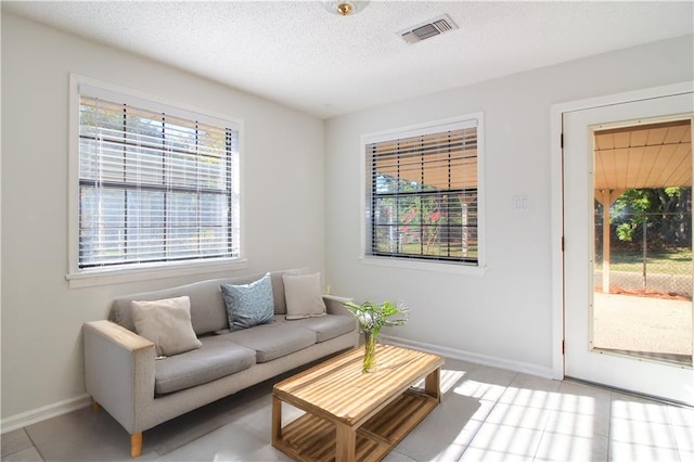 living room featuring a textured ceiling