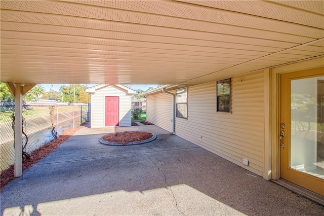 view of patio / terrace with a storage shed