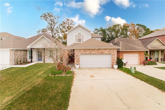 view of front of house with brick siding, an attached garage, driveway, and a front lawn