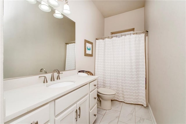 full bath featuring a shower with curtain, marble finish floor, vanity, and toilet