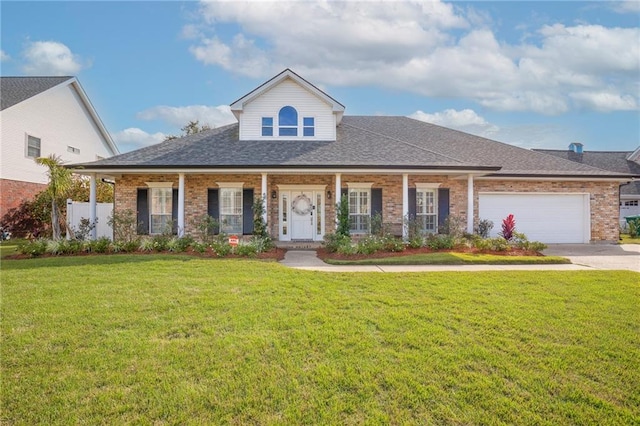 view of front of house featuring a front yard, a garage, and covered porch