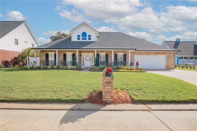 view of front facade with covered porch, a front yard, and a garage