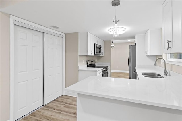 kitchen featuring white cabinetry, sink, hanging light fixtures, kitchen peninsula, and appliances with stainless steel finishes