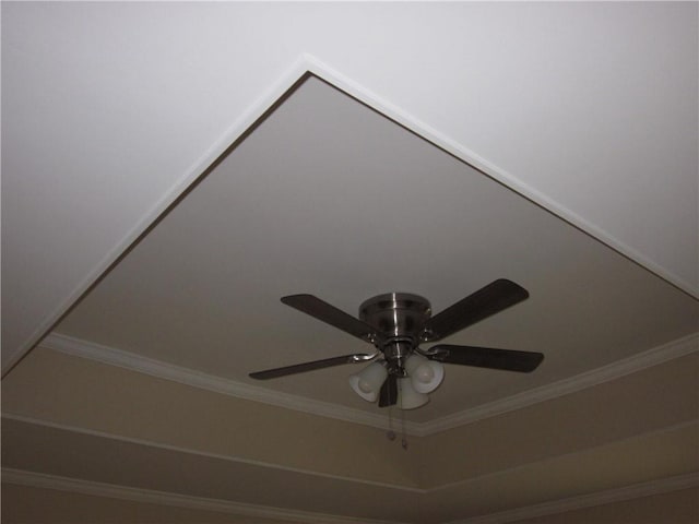 interior details featuring ceiling fan and crown molding