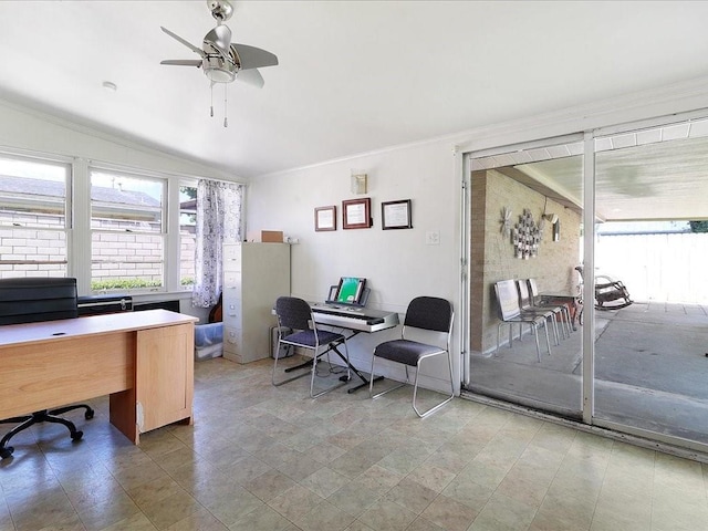 office area with ornamental molding, ceiling fan, and lofted ceiling