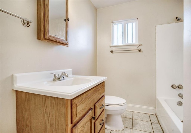 full bathroom with toilet, vanity, shower / bath combination, and tile patterned floors