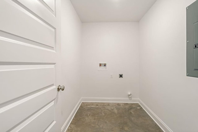 laundry area with electric dryer hookup, electric panel, and hookup for a washing machine