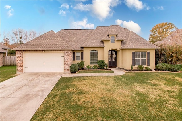 view of front of home featuring french doors, a front lawn, and a garage