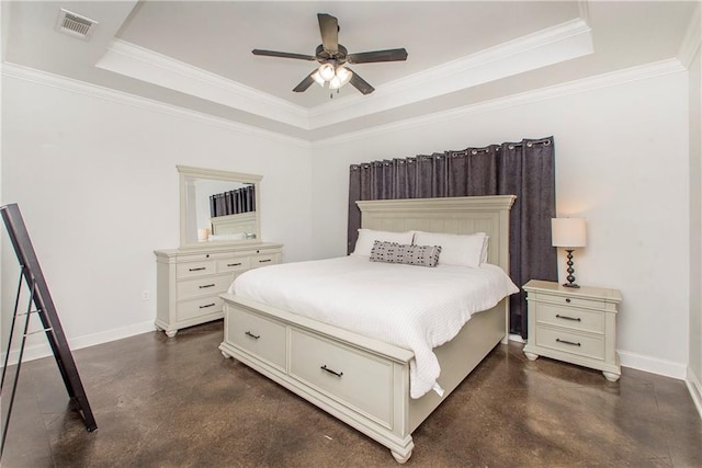 bedroom featuring a raised ceiling, ceiling fan, and crown molding