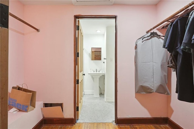 walk in closet featuring hardwood / wood-style flooring and sink