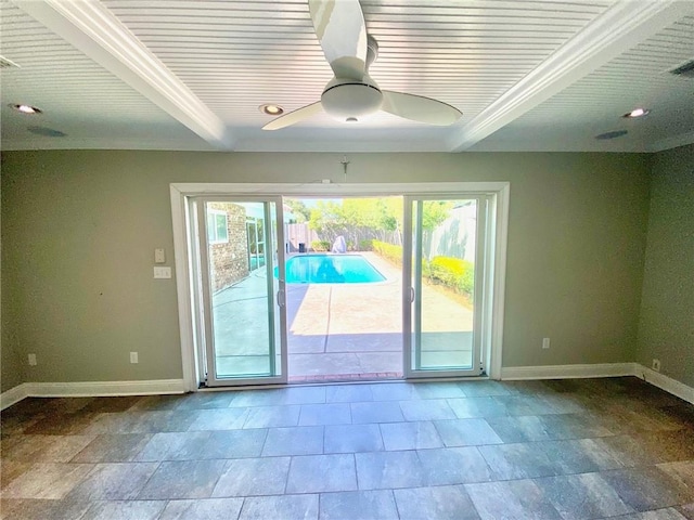 entryway with a ceiling fan, crown molding, and baseboards