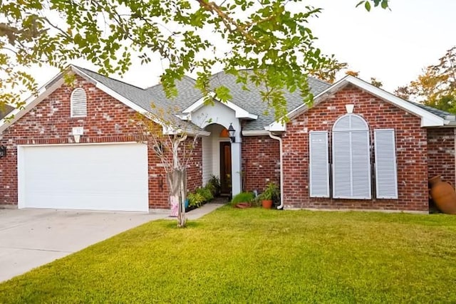 view of front of house with a garage and a front lawn