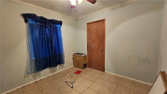 interior space with ceiling fan and ornamental molding